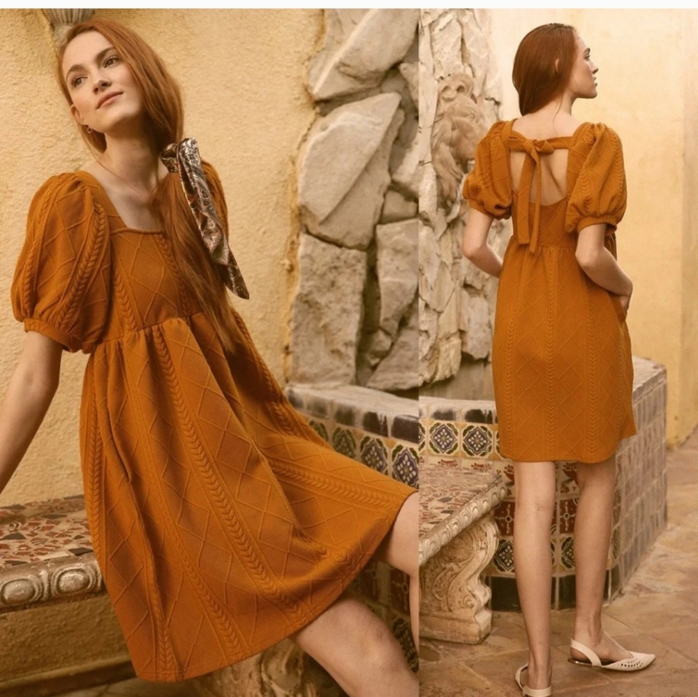 Bohme Cable Knit Square Neck Puff Sleeve Babydoll Open Back Mini Dress